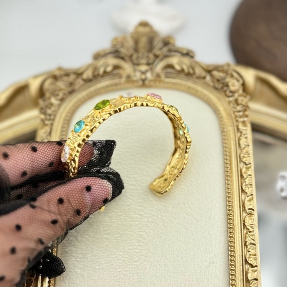 Colorful Gemstone Cuff Bracelet – 18K Gold Plated on Stainless Steel - Picture 7 of 10